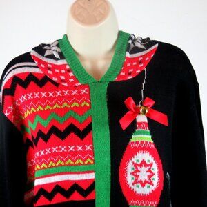Ugly Christmas Sweater Sz L / XL Hoodie Long Sleeve Jingle Bells Ornaments